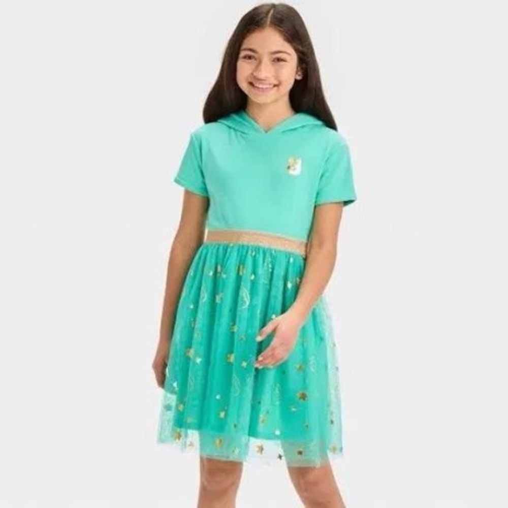Squishmallows Girls Teal Winston the Owl Hooded Tulle Dress Gold Stars L 10/12